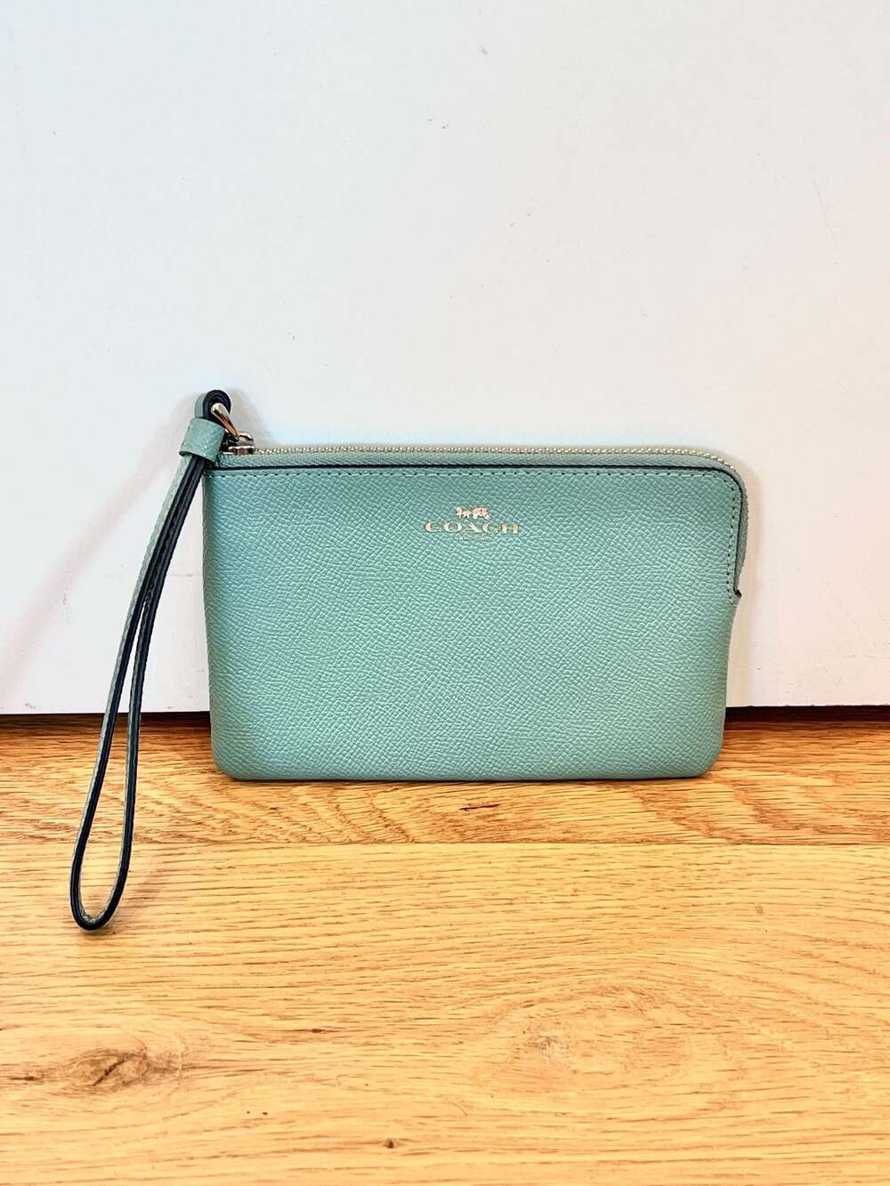 Coach Zip Around Wristlet in Aqua Blue Pebbled Leather F58032